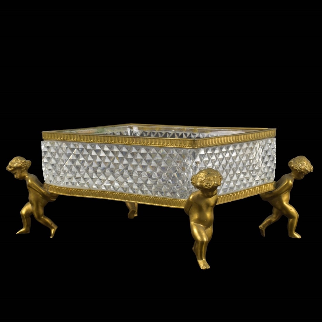 Antique French Baccarat Style Box: Antique French Baccarat Style Gilt Bronze and Crystal Centerpiece Rectangular Bowl. Each corner supported by a small child. Measures: 4-1/4" high, 9-3/4" wide, 7" deep. Kodner Galleries offers phone a