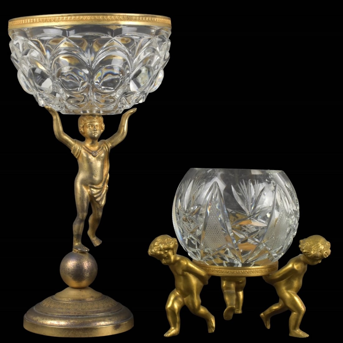 Antique French Bronze and Crystal Pieces: Two (2) Antique French Gilt Bronze and Crystal Pieces. One Cristal de Sevres Crystal Bowl With Figural Stand, measures: 9-1/2" high, 5" diameter, one figural bowl with three (3) figures holding an ass