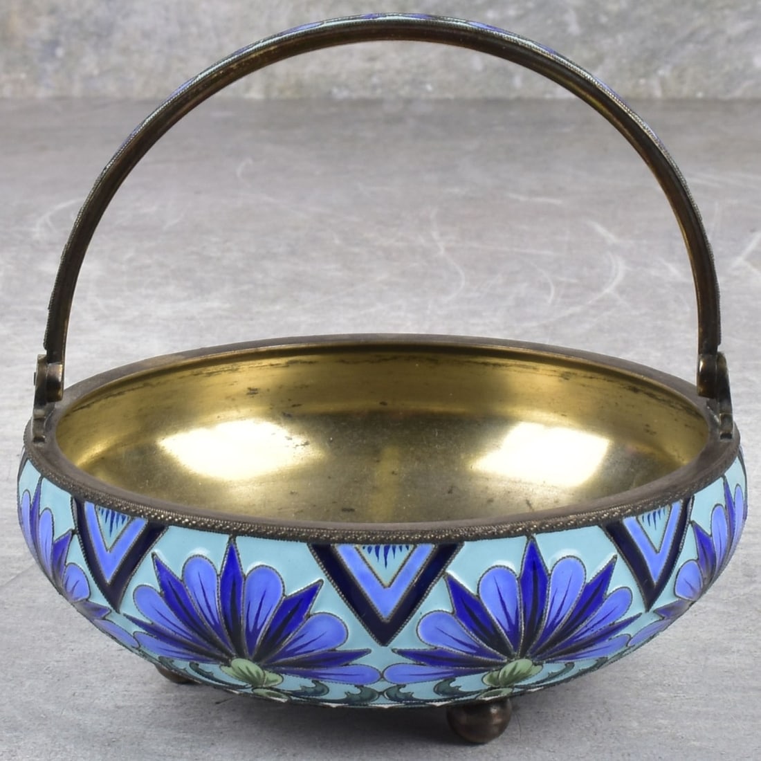 Vintage Russian Soviet Silver Sugar Bowl: Vintage Russian Soviet Enamel Silver and Cloisonne Sugar Bowl with Handle and Supported on Three (3) Small Ball Feet. Russian hallmarked and assay mark 916 to the bottom. Measures: 1-3/4" high, bowl