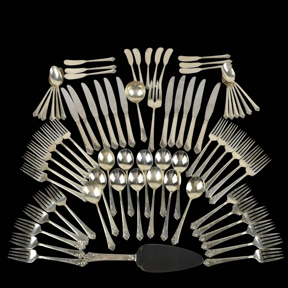 Heirloom Damask Rose Sterling Flatware: Seventy-three (73) Pieces Heirloom Damask Rose Sterling Silver Flatware. Consisting of 11 dinner knives 8-7/8" long, 12 dinner forks 7-1/8" long, 12 salad forks 6-5/8" long, 12 teaspoons 6-1/2" long, 