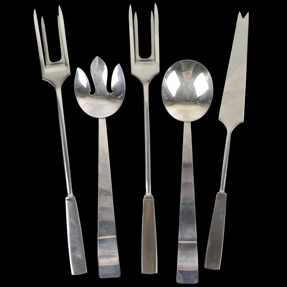 Food Utensils: Assorted Food Utensils. Consisting of two (2) mid-century modern SSS quadruple salad servers. Stamped to the back. Measures: 12-1/2" long. Three (3) pieces of Capri grill master stainless steel