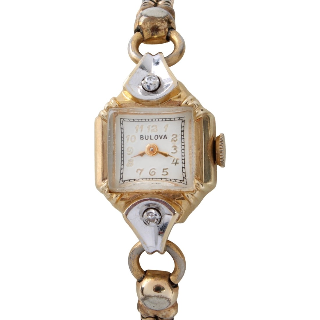Lady's Bulova 14K Watch: Lady's Vintage 14 Karat Yellow and White Gold Watch with Small Diamond Accents, Gold Filled Bracelet. Appears to be a manual wind movement, Case measures 27.5 x 16.5mm. Case back stamped 14K. Approx, 