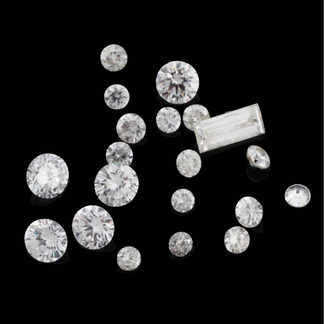 Loose Diamonds: Bag Lot of Nineteen (19) Loose Round Cut Diamonds and One (1) Baguette Cut Diamond. Not graded. Please refer to photos. Kodner Galleries offers phone and absentee bidding at a low, flat 21% buyer?s