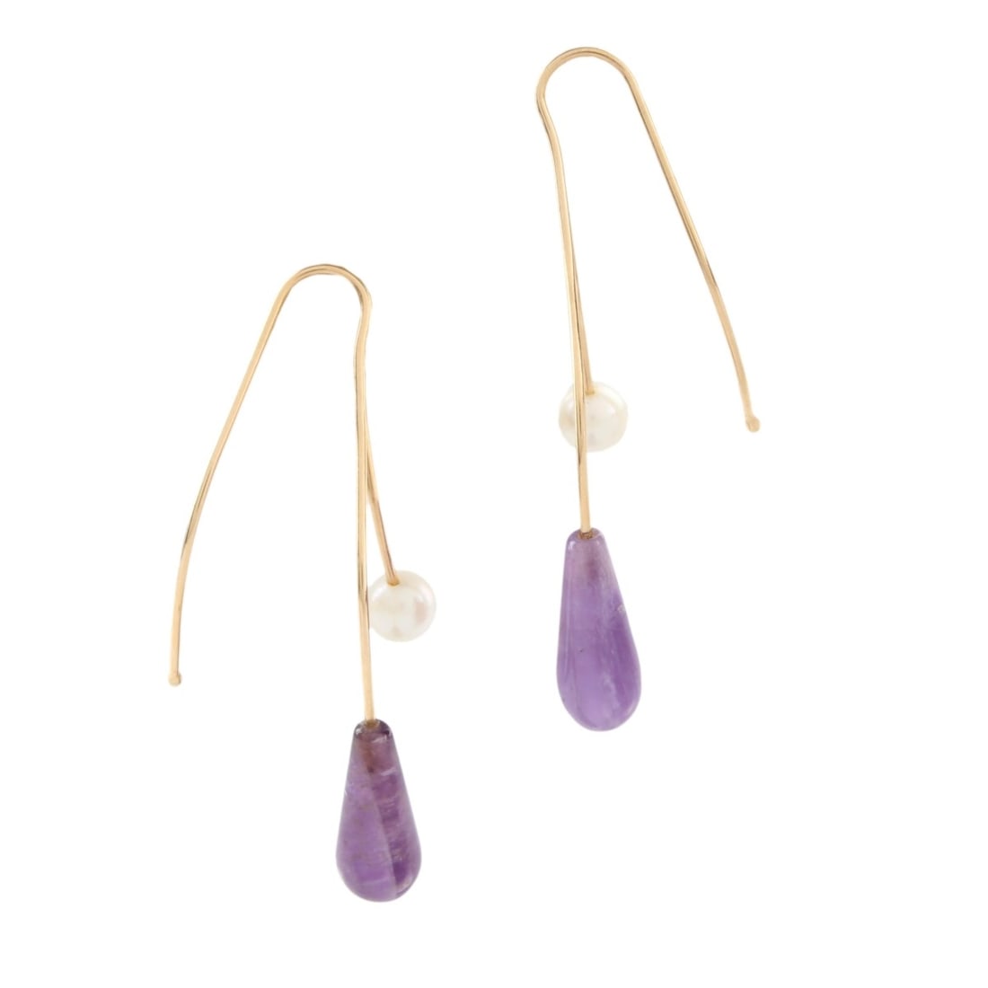 Amethyst, Pearl and 14K Earrings: Vintage Tear Drop Amethyst, 5mm Pearl and 14 Karat Yellow Gold Dangle Drop Earrings. Measure 1-5/8" L, 1/2" W. Approx. total weight: 2.72 grams. Kodner Galleries offers phone and absentee bidding at
