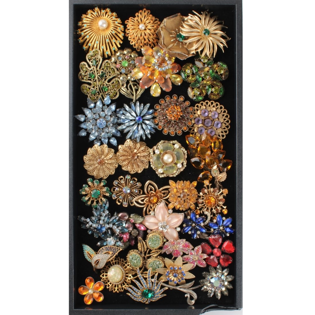 Tray Lot of Costume Pins and Clips: Tray Lot of Vintage Costume Pins and Clips. Variously accented with faux color gemstones, faux diamonds and more. Various styles and makers. Tray is for display only. Kodner Galleries offers phone and