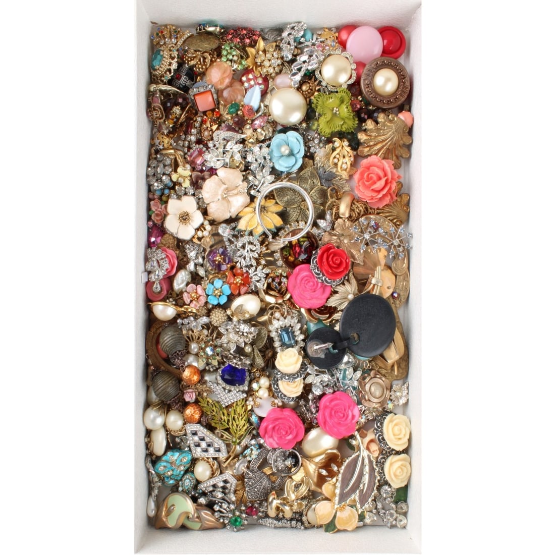 Tray of Costume Jewelry Parts: Tray of Vintage Costume Jewelry Parts. Consisting pins and earrings with no backs (no pins, no earring clips) and assorted jewelry elements. Variously accented with faux diamonds, faux pearls, enamel 