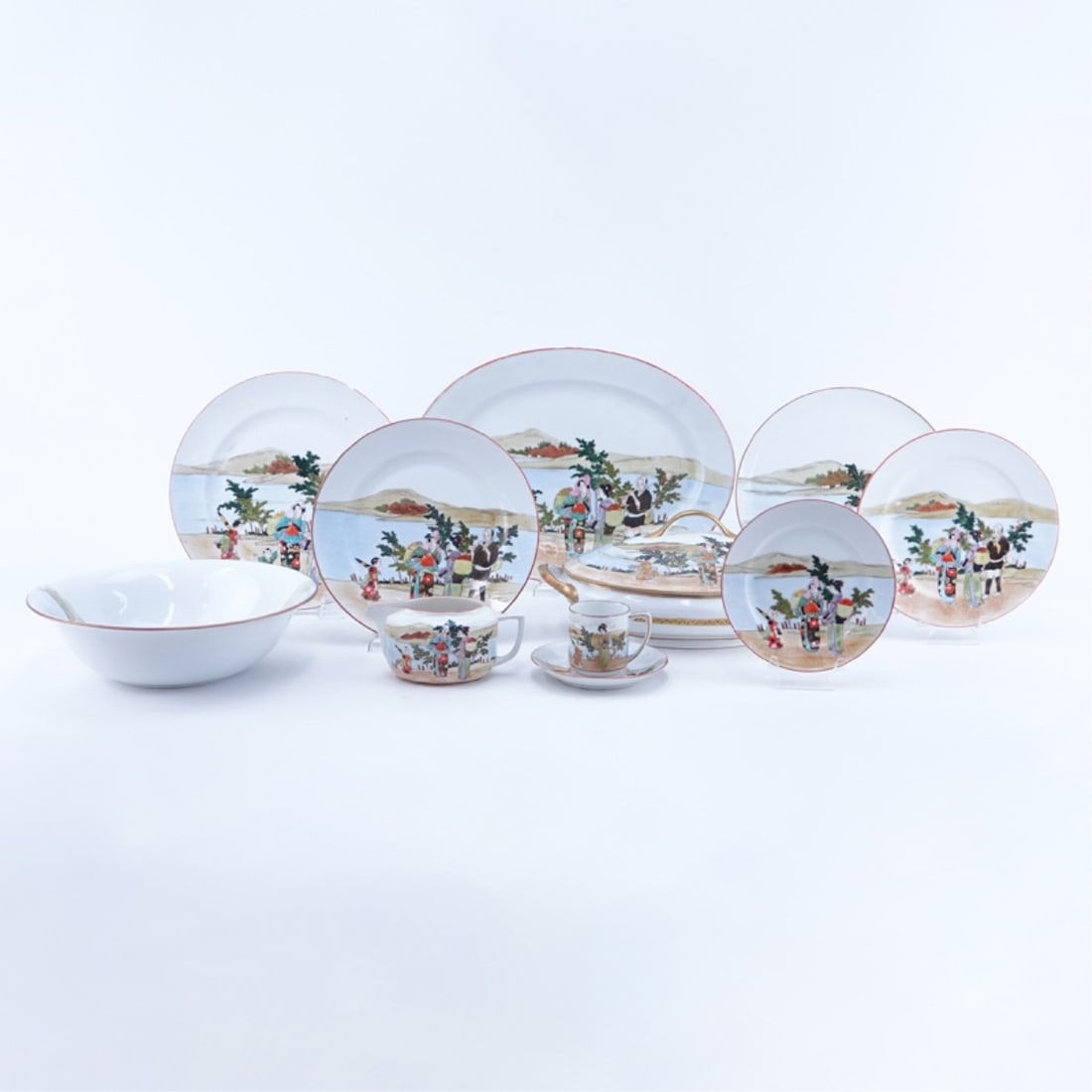 Japanese Kutani Porcelain Set: Fifty Six (56) Piece Japanese Kutani Porcelain Service, Meiji Period. Includes: 11 dinner plates 9-3/4", 12 salad plates 8-5/8", 10 plates 7-5/8", 1 plate 9-1/4", 6 bread/ butter plates 6", 6 demitass
