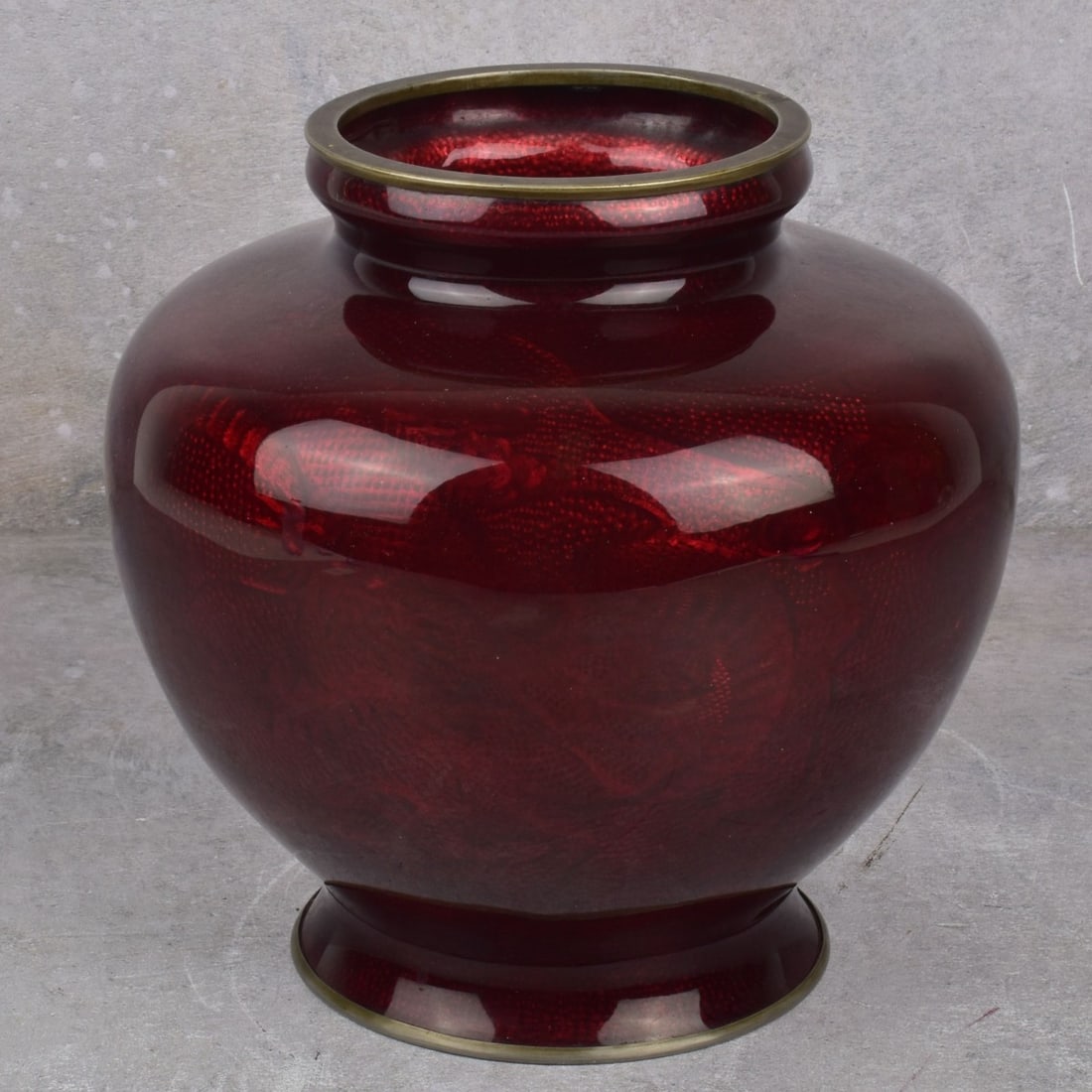 Vintage Japanese Akasuke Ginbari Vase: Vintage Japanese Akasuke Ginbari Foil Cloisonne Vase with Metal Top and Bottom Mounts. Stamped "JAPAN" to the bottom rim. Measures: 7-1/4" H, 7-1/8" Dia. Kodner Galleries offers phone and absentee bid