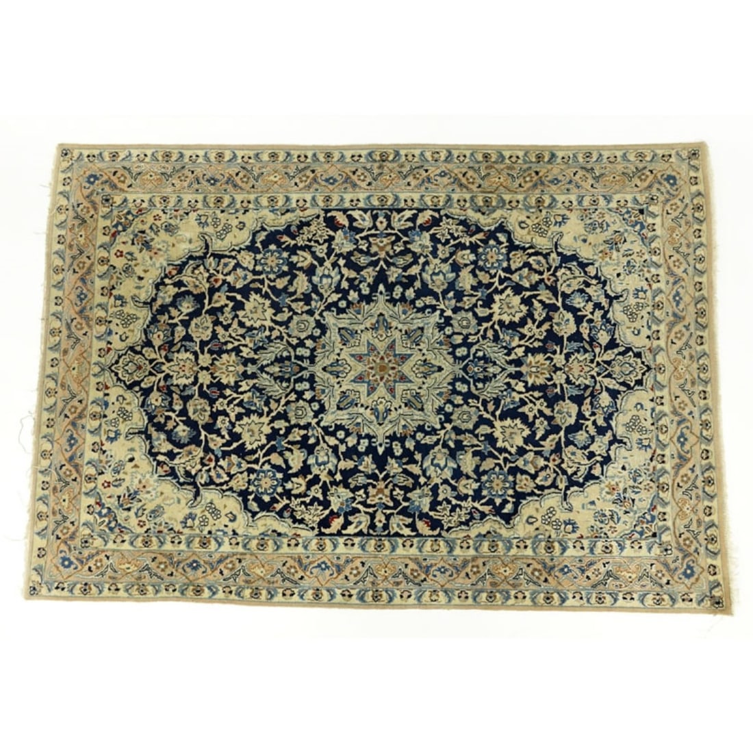 Semi-Antique Wool and Silk Rug: Semi-Antique Wool and Silk Rug. Tan and Black ground with blue and red accent. Unsigned. Measures 66-1/4" x 45-1/2". Kodner Galleries offers phone and absentee bidding at a low, flat 21% buyer?s premi