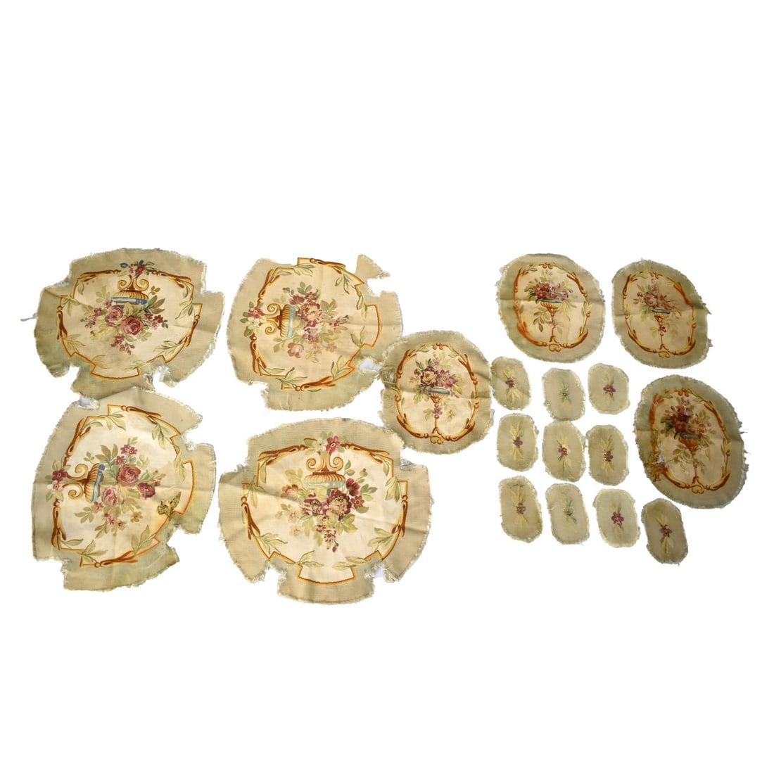 Collection of Antique French Aubusson Seat Covers: Collection of Antique French Aubusson Needlepoint Seat Covered. Largest measures 23" x 26-1/2". Kodner Galleries offers phone and absentee bidding at a low, flat 21% buyer?s premium without surcharge 