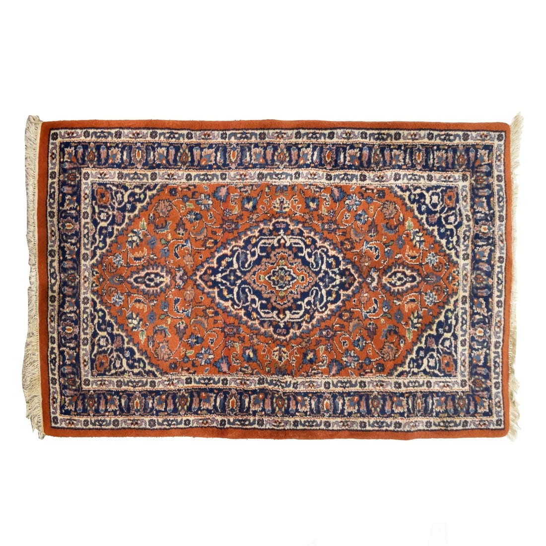Turkish Area Rug: Turkish Hand Woven Wool Rug with Red Medallion Patterns and Hand Knotted Fringes. Late 20th century. Measures: 64" L, 35-1/2" W. Kodner Galleries offers phone and absentee bidding at a low, flat 21% b