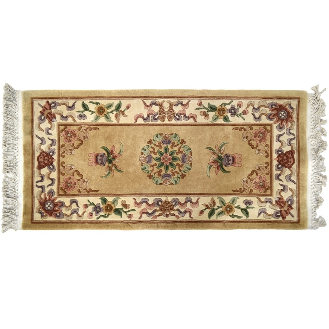 Vintage Chinese Wool Rug: Vintage Chinese Wool Rug. Measures: 56" x 27". Kodner Galleries offers phone and absentee bidding at a low, flat 21% buyer?s premium without surcharge or hidden fees. For information, please contact t