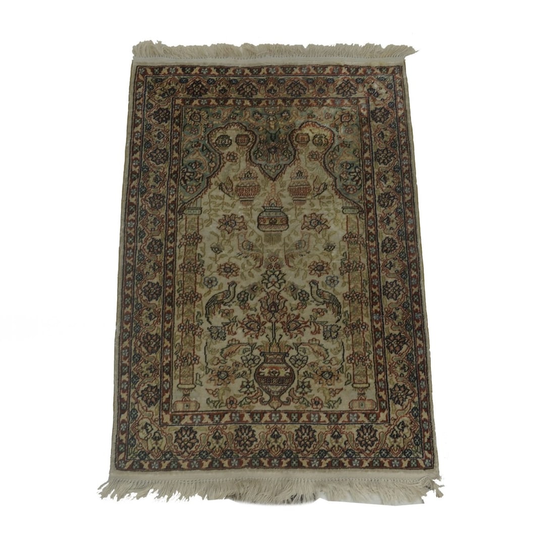 Qum Style Rug: Mid 20th Century Qum Style Silk Rug with Tree of Life Design. Gold threading on the urn. Measures 37" x 24-1/2". Kodner Galleries offers phone and absentee bidding at a low, flat 21% buyer?s premium w