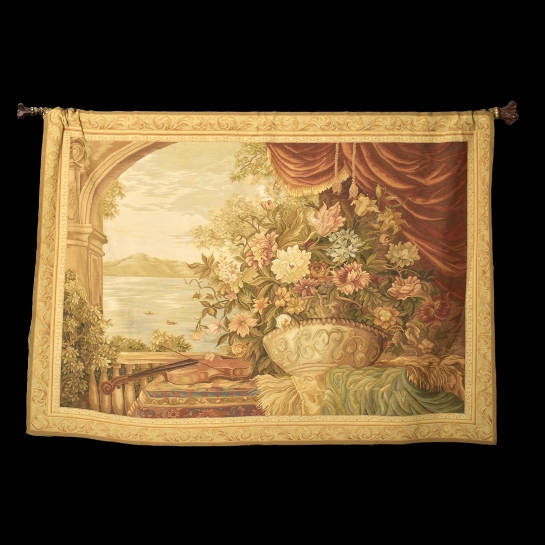 Aubusson Style Wall Hanging Tapestry.: 20th Century French Aubusson Style Wall Hanging Tapestry. Decorated with still life floral bouquet with landscape scene. Measures 62-1/2" x 92-1/2". Kodner Galleries offers phone and absentee bidding 