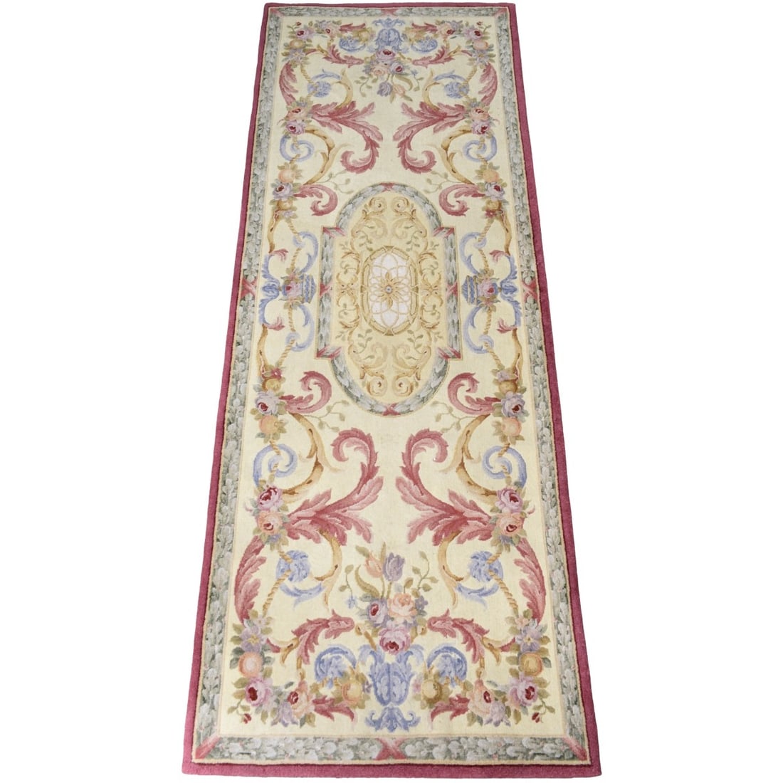 VIntage French Aubusson or Savonnerie-style Rug: VIntage French Aubusson or Savonnerie-style High Pile Wool Runner Rug. Measures: 82" long, 26" wide. Kodner Galleries offers phone and absentee bidding at a low, flat 21% buyer?s premium without surch