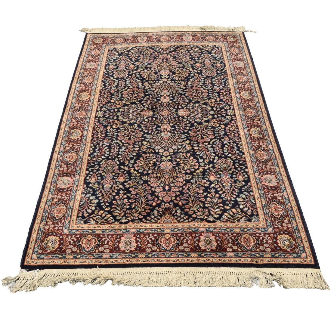 Vintage Karastan Serapi Wool Rug: Vintage Karastan Navy Sarouk Wool Rug. Measures: 5'-9" x 9'. Kodner Galleries offers phone and absentee bidding at a low, flat 21% buyer?s premium without surcharge or hidden fees. For information, pl