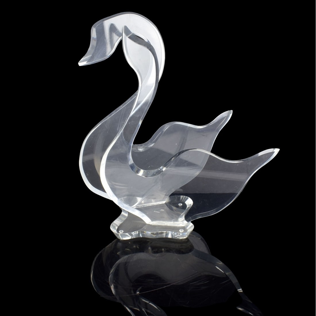 Mid Century Lucite Sculpture: Mid Century Lucite Double Swan Sculpture. Unsigned. Overall measures 19-1/4" x 8" x 17-1/2". Kodner Galleries offers phone and absentee bidding at a low, flat 21% buyer?s premium without surcharge or