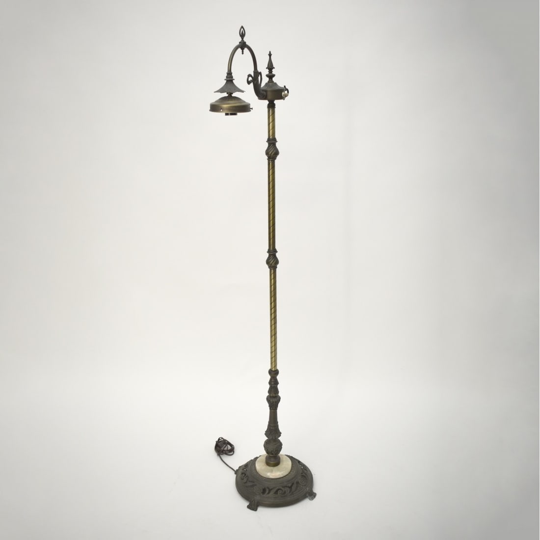 Bronze Floor Lamp Base: Art Nouveau Bronze Floor Lamp Base with a Foliate Design and a Round Marble Insert to the Base. Early 20th century. Measures: 60" H, Base measures: 11-1/2" D. Kodner Galleries offers phone and absente