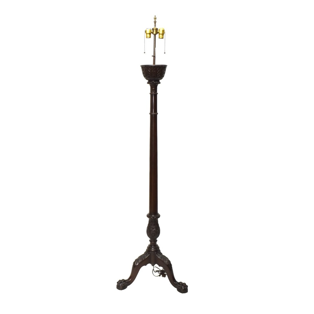 Mahogany Carved Long Stick Lamp: Mahogany Carved Long Stick Lamp with Claw Feet and Acanthus Leaves. Measure: 71" H with finial, Carving itself measures: 61" H, 21" W. Kodner Galleries offers phone and absentee bidding at a low, flat