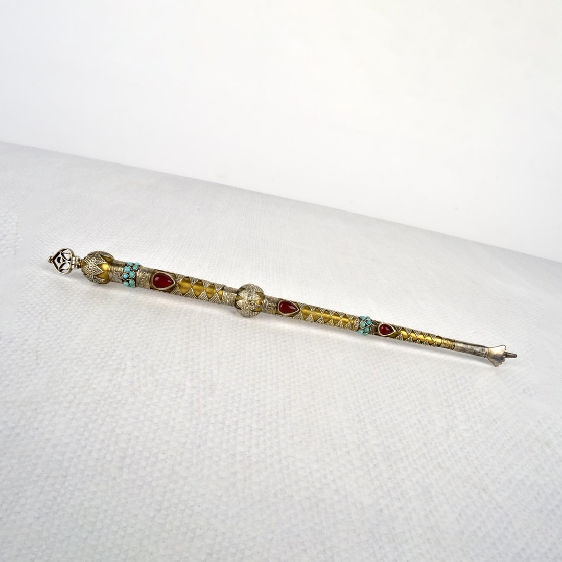Russian Judaic Torah Pointer: Vintage Russian 84 Judaic Gilt Silver and Jeweled Torah Pointer. Decorated with turquoise and carnelian inserts. Stamped 84. Total approximated weight: 36.10 grams. Kodner Galleries offers phone and a