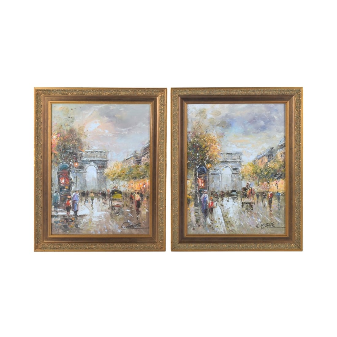 Christof Vevers (b. 1962): Christof Vevers (b. 1962). Two (2) Oil on Canvas Paintings, Paris Street Scenes. Artist signed. Measures 15-1/2" H, 11-1/2" W; frame measures 19-1/2" H, 15-1/2" W. Kodner Galleries offers phone and ab
