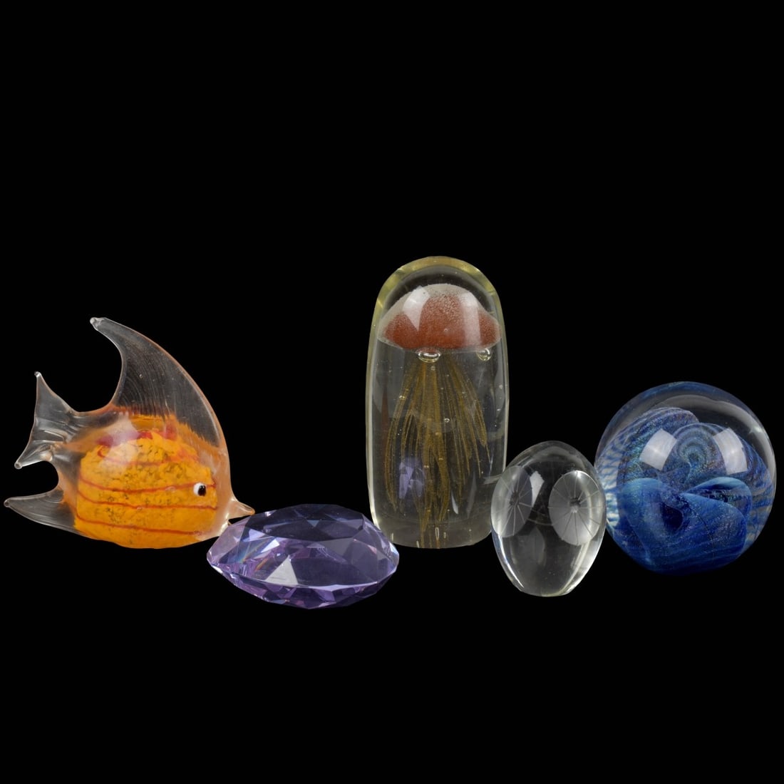 Vintage Glass Paperweights: Collection of Five (5) Vintage Glass Paperweights. Largest jellyfish measures: 5" high. Kodner Galleries offers phone and absentee bidding at a low, flat 21% buyer?s premium without surcharge or hidde