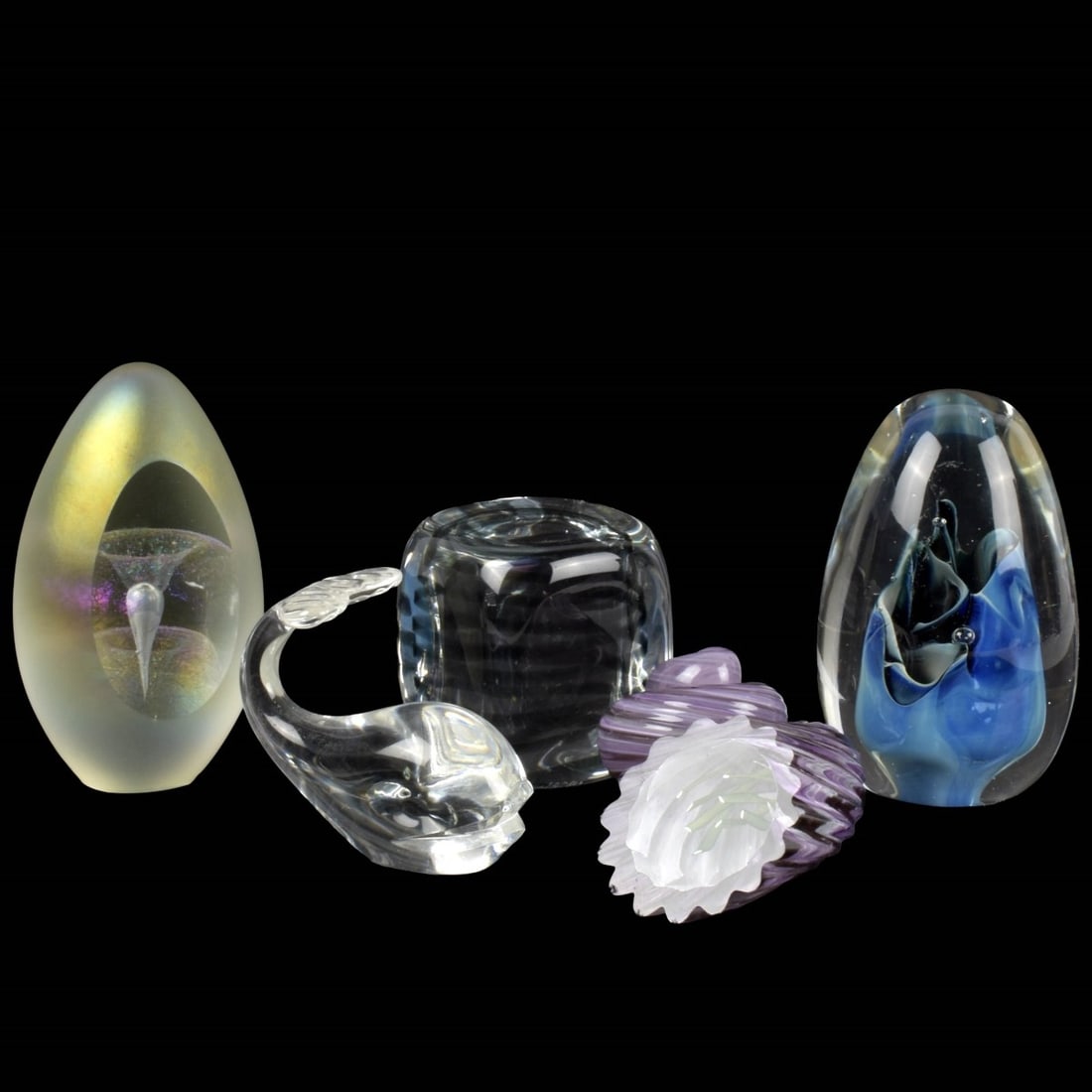 Vintage Glass Paperweights: Collection of Five (5) Vintage Glass Paperweights. Largest egg shape measures: 4-5/8" high. Kodner Galleries offers phone and absentee bidding at a low, flat 21% buyer?s premium without surcharge or h