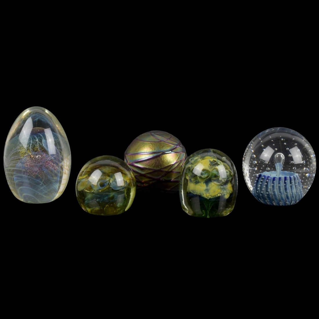 Vintage Glass Paperweights: Collection of Five (5) Vintage Glass Paperweights. Largest egg shape measures: 3-7/8" high. Kodner Galleries offers phone and absentee bidding at a low, flat 21% buyer?s premium without surcharge or h