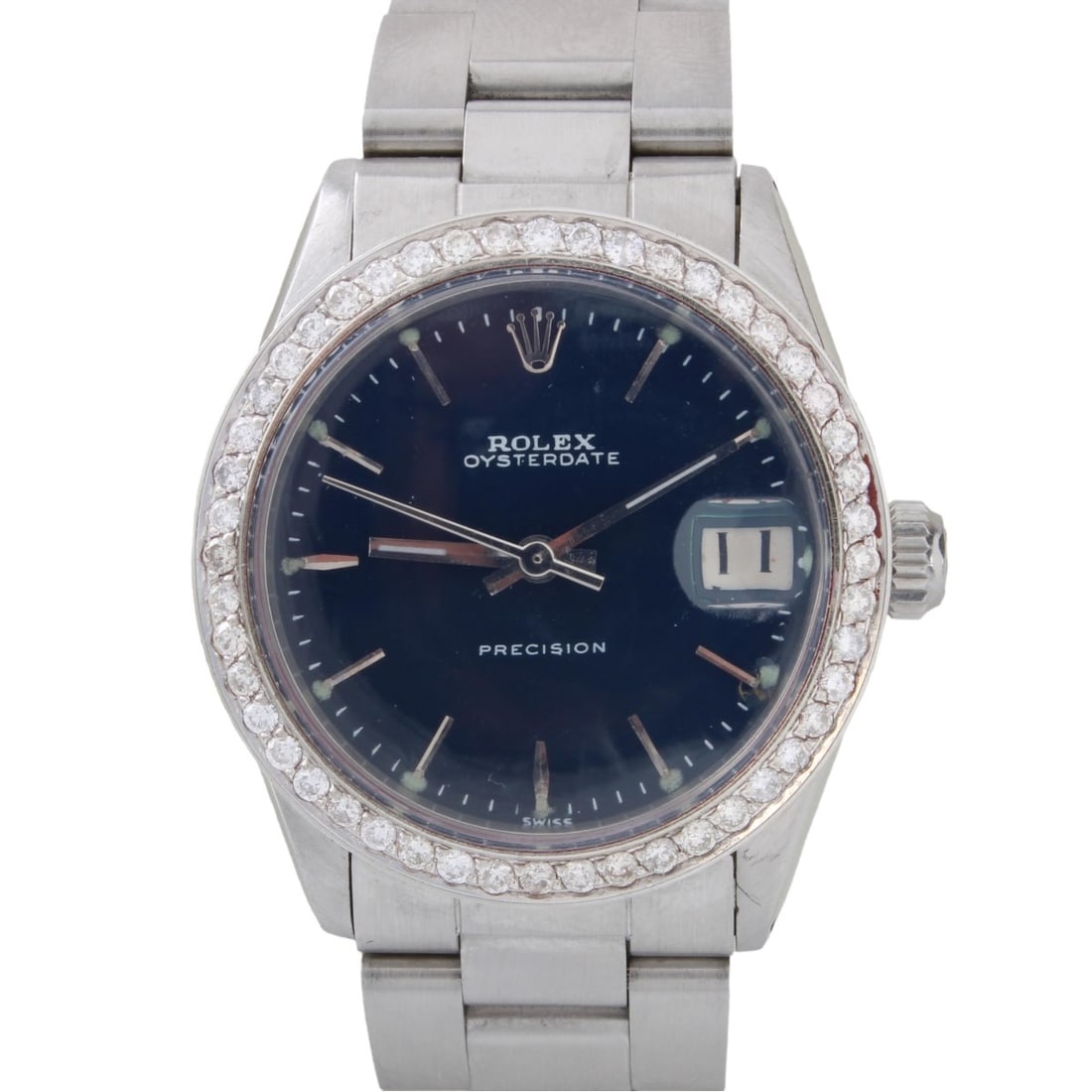Lady's Rolex Oysterdate Precision Watch: Lady's Vintage Rolex Oysterdate Precision 30mm Stainless Steel Bracelet Watch with Black Dial. Automatic self winding movement. Case measures 31mm. After market diamond bezel. Bracelet measures 6" L.