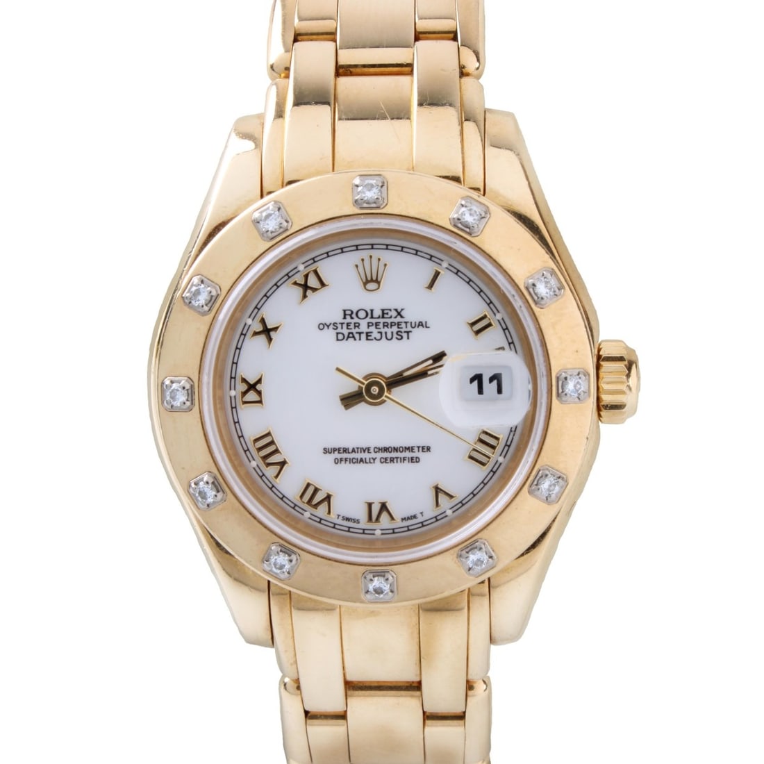 Lady's Rolex Masterpiece Ref. 69318: Lad's Vintage Rolex Masterpiece Ref. 69318 18 Karat Yellow Gold Bracelet Watch with White Dial and Factory Diamond Accented Bezel. Automatic self-winding movement. Serial: N602966. Case measures