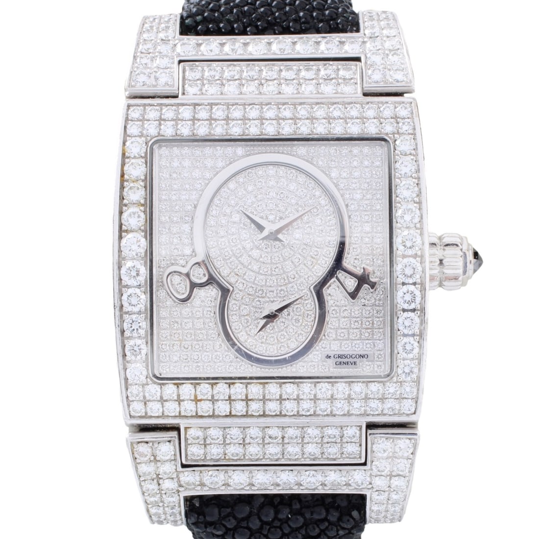 De Grisogono Instrumento N?UNO Watch: Lady's De Grisogono Geneve Instrumento N?UNO Diamond and 18 Karat White Gold Watch, Pave Diamond Dial, Black Stingray Strap Bracelet. Quartz movement. Case measures 29 x 43mm. Bracelet measures