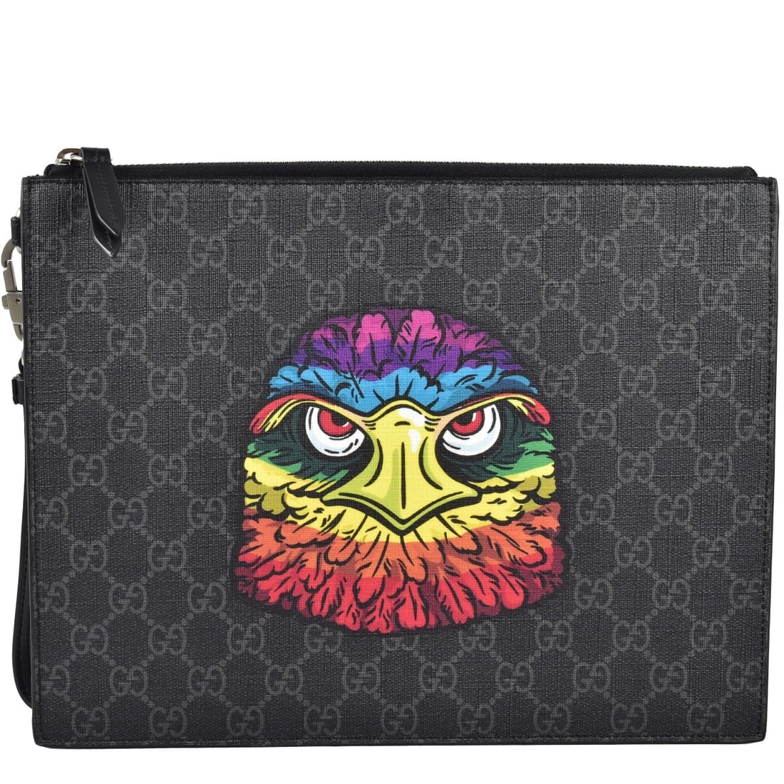 Gucci Supream Rainbow Eagle Bag: Gucci Supream Rainbow Eagle Bag. GG monogram coated canvas. Rainbow Eagle bestiary print in center. Black leather wristlet strap. Lined in natural linen. Black leather six interior card slots and a sl
