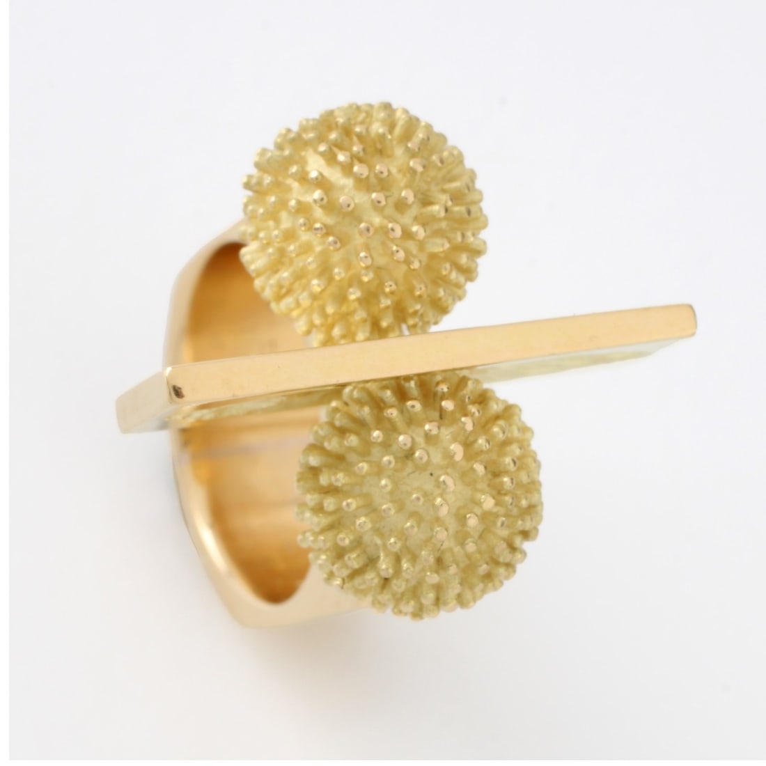 Roger Lucas / Cartier 18K Ring: Vintage Circa 1969 Roger Lucas / Cartier 18 Karat Yellow Gold Ring. Designed with two textured gold spheres, trapezoidal textured gold sides, on an angular band. Signed Lucas, stamped 18K, Cartier. Ri