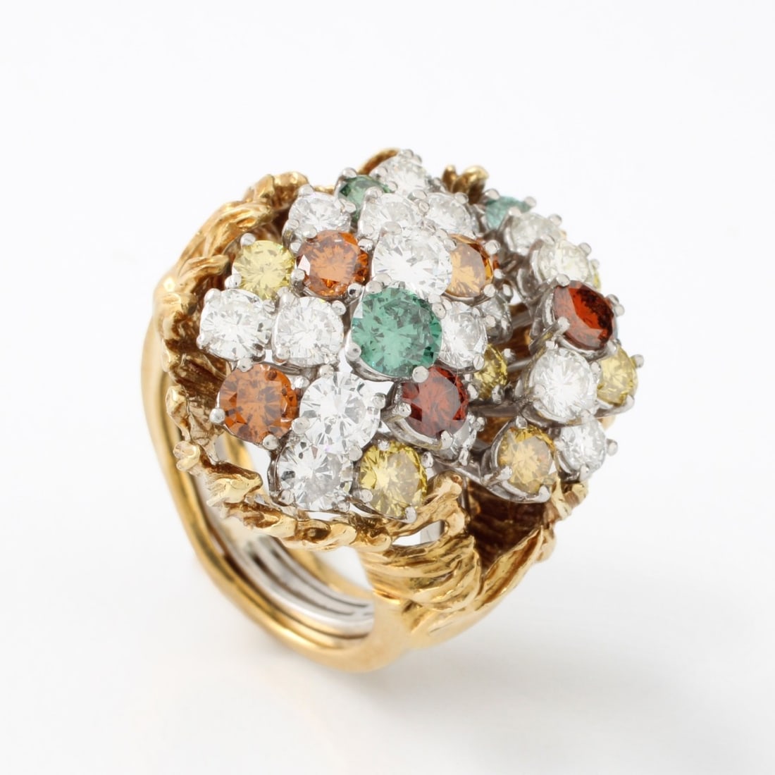 Fancy Diamond and Platinum Ring: Vintage Approx. 7.25 Carat TW Round Brilliant Cut Multi-color Fancy Diamond and Platinum Cocktail Ring with 18 Karat Yellow Gold Ring Jacket. Diamonds VS-SI clarity. Ring size 6-1/2, ring jacket size 