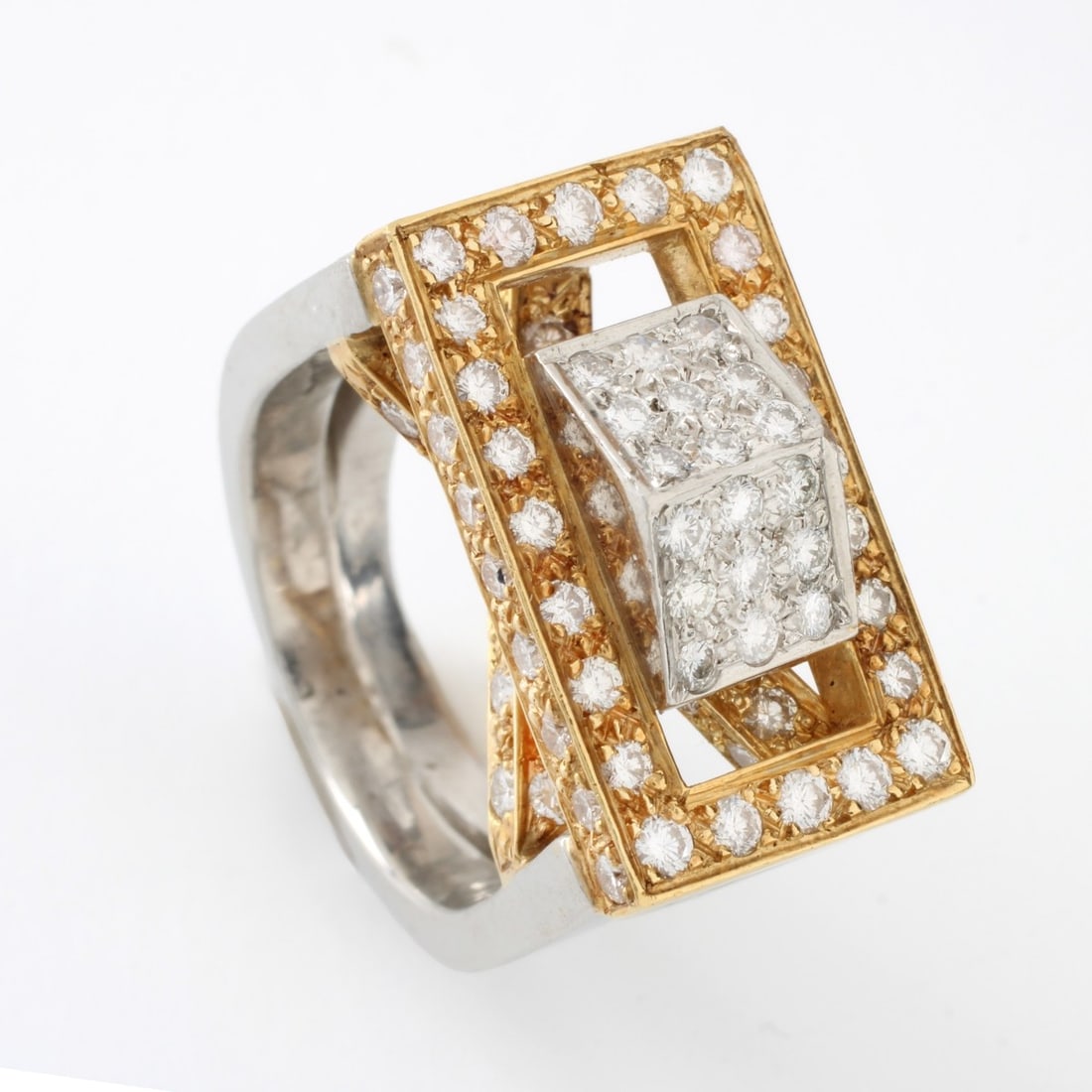 Diamond, Platinum and 18K Ring: Contemporary Approx. 1.65 Carat TW Pave Set Round Brilliant Cut Diamond, Platinum and 18 Karat Yellow Gold Ring. Diamonds F-G color, VS clarity. Ring size 6. Approx. weight: 27.38 grams. Kodner Galler