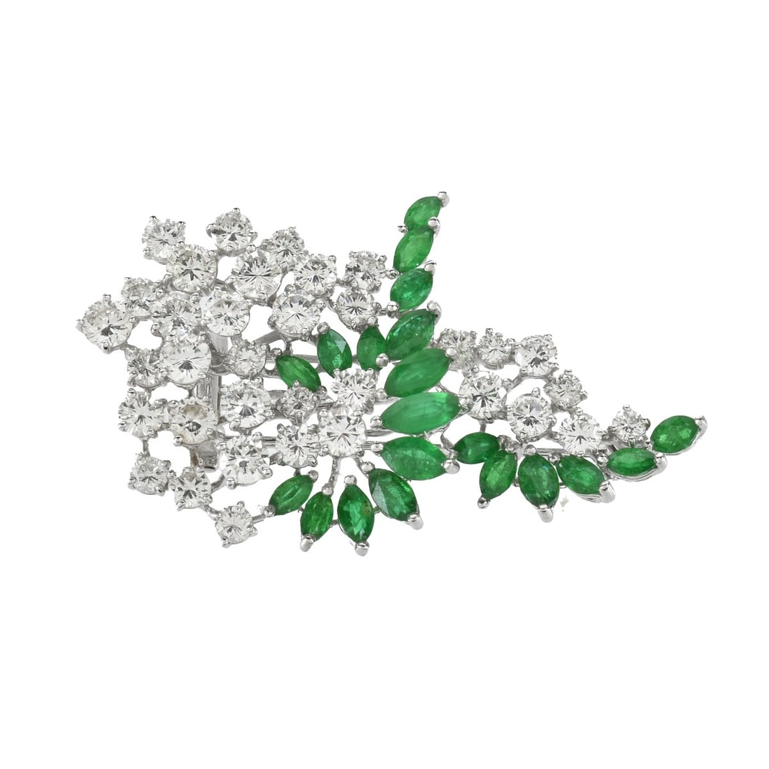 Diamond, Emerald and Platinum Brooch: Vintage Approx. 4.0 Carat TW Prong Set Round Brilliant Cut Diamond, 2.50 Carat TW Prong Set Marquise Cut Emerald and Platinum Spray Brooch. Diamonds D-E-F color, VS1-VS2 clarity. Emeralds with vivid