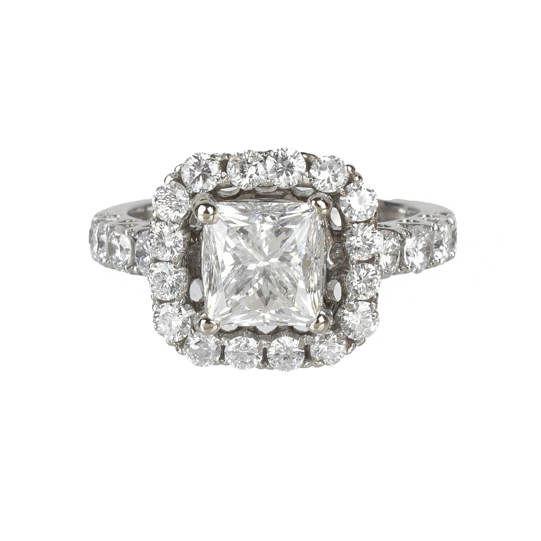 Diamond and 14K Ring: Diamond and 14 Karat White Gold Engagement Ring. Set in the center with an approx 1.53 carat princess cut diamond, G color, SI2 clarity, measuring 6.39 x 5.94 x 4.82mm. Accented with approx. 1.50