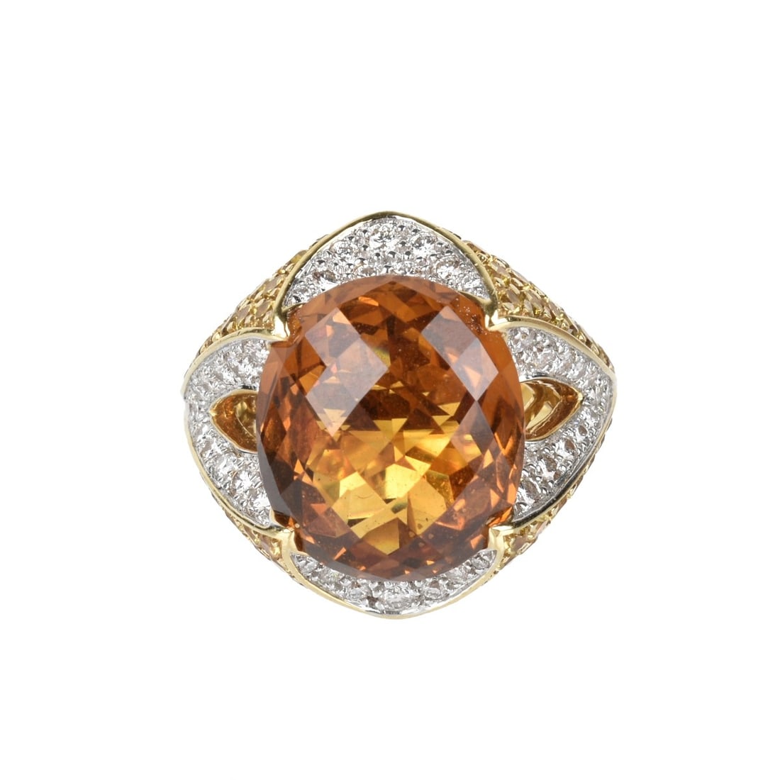 Topaz, Diamond and 18K Ring: RHR Signed Approx. 12.0 Carat Gem Quality Oval Fancy Cut Orange Topaz, 2.0 Carat TW Pave Set Round Brilliant Cut Diamond, Pave Set Round Brilliant Cut Citrine and 18 Karat Yellow Gold Cocktail Ring. T