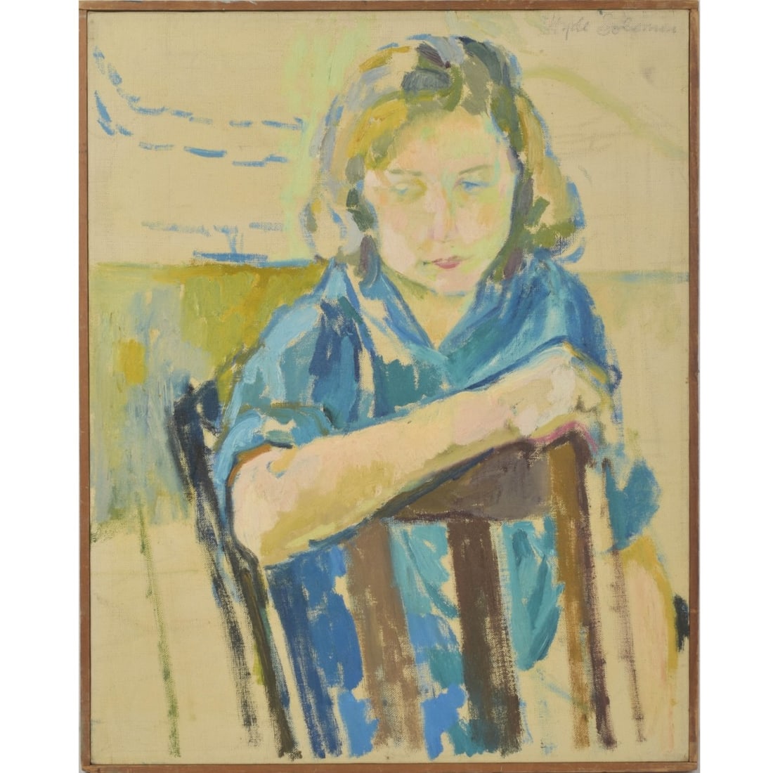 Hyde Solomon, America (1911-1987): Hyde Solomon, America (1911-1987) Portrait of a Lady in a Chair. Oil on Canvas. Back of frame reads "Marianne Erlich 1957". Signed upper right hand corner. Stretcher measures: 20" high, 16" wide. Prop
