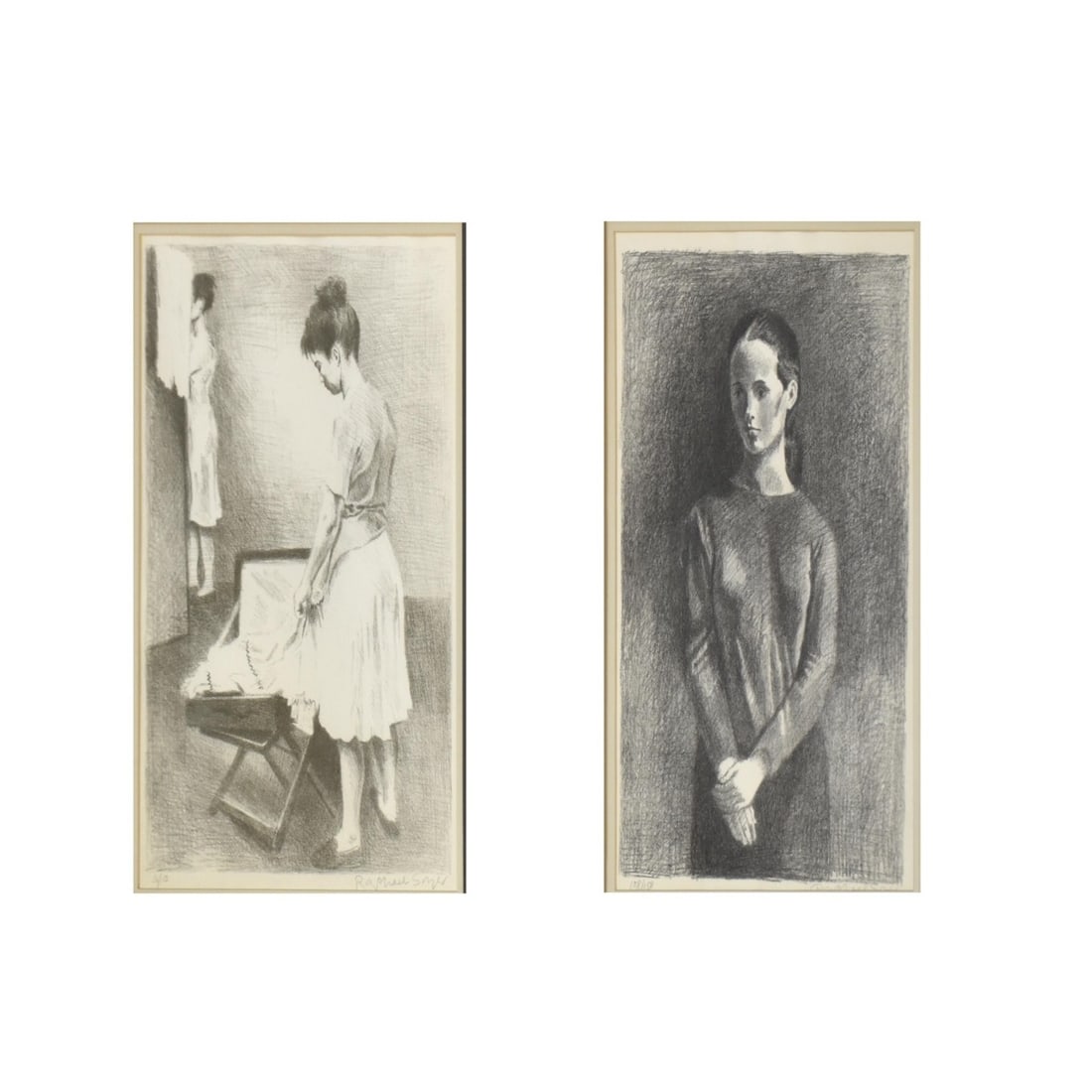 Robert Soyer, Russian/Amer. (1899-1987): Robert Soyer, Russian/American (1899-1987) Pair of Framed Lithographs. One titled "Woman with Suitcase, signed and numbered 16/150. Image area measures: 20"H 13-1/2" W, frame measures: 25-1/2" 19-1/2"
