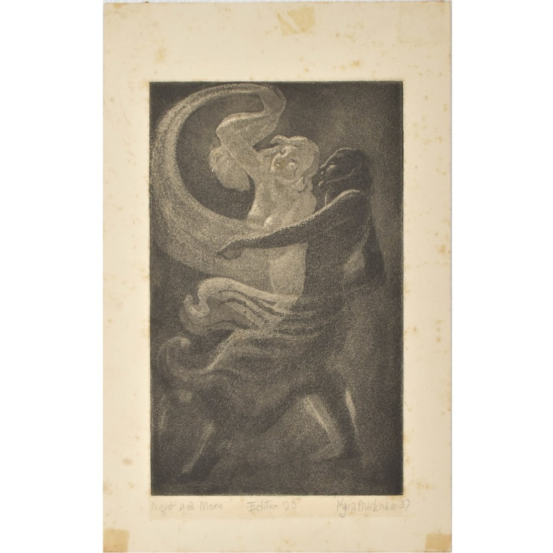 Kyra Markham, American (1891-1967): Kyra Markham, American (1891-1967) "Night and Morning" Etching on Paper Edition of 25. Signed, dated 19(37) in pencil. Image size measures: 8" high, 4-7/8" wide, sheet size measures: 10-5/8" high, 6-3