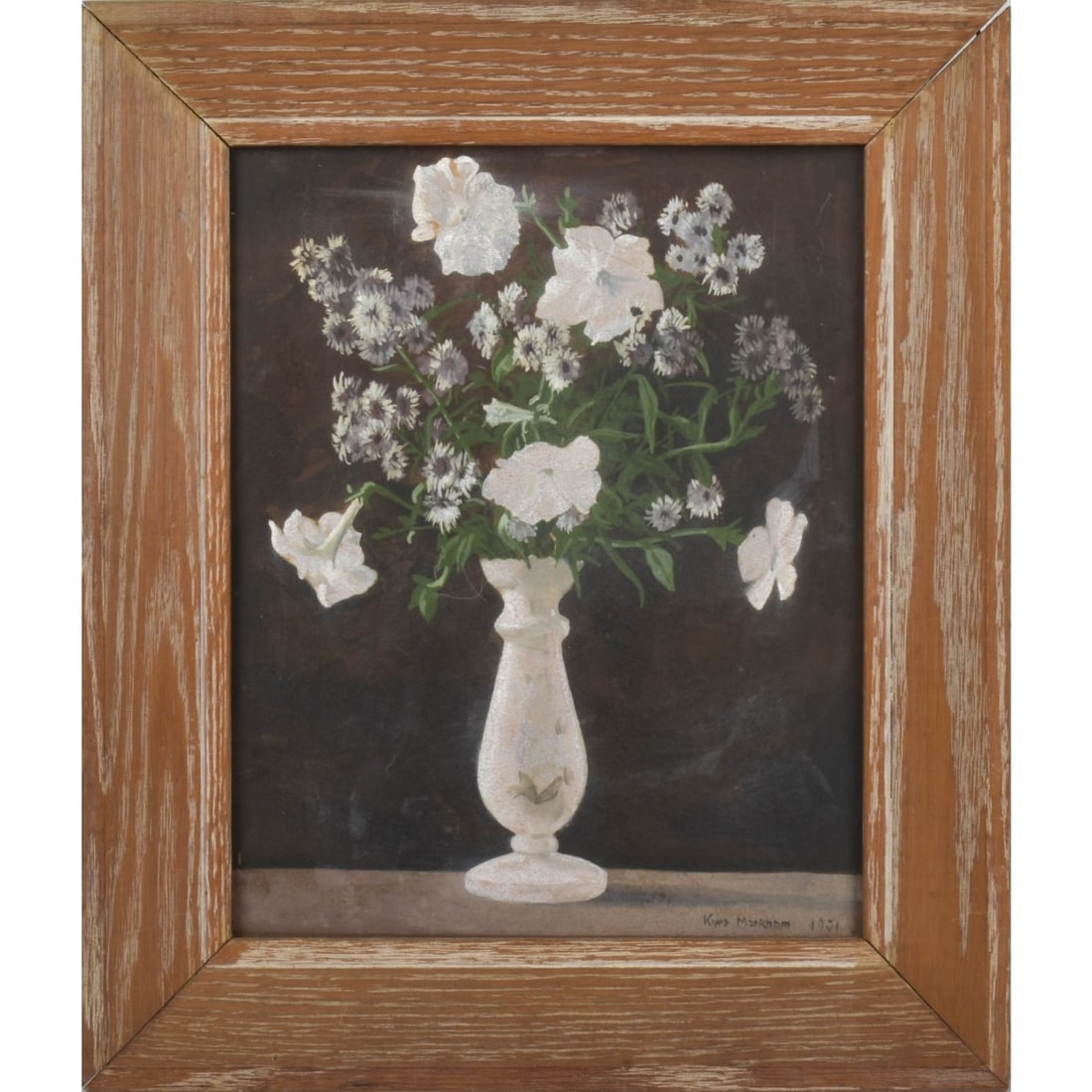 Kyra Markham, American (1891-1967): Kyra Markham, American (1891-1967) Still Life Oil on Poster Board of a Vase WIth Flowers on a Table. Signed bottom right hand corner and dated "1951". Image area measures: 10-1/2" high, 8-1/4" wide, f