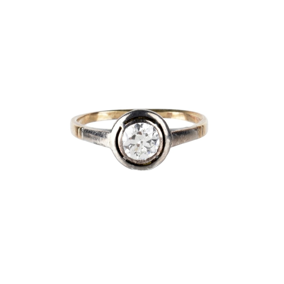 Russian Diamond and 14K Ring: Antique Russian Approx. .70 Carat Old European Cut Diamond and 14 Karat Pink Gold Engagement Ring with Silver Bezel. Diamond measures 5.8 x 5.8 x 3.32mm, E color, SI1 clarity. Ring size 7-1/4. Approx.