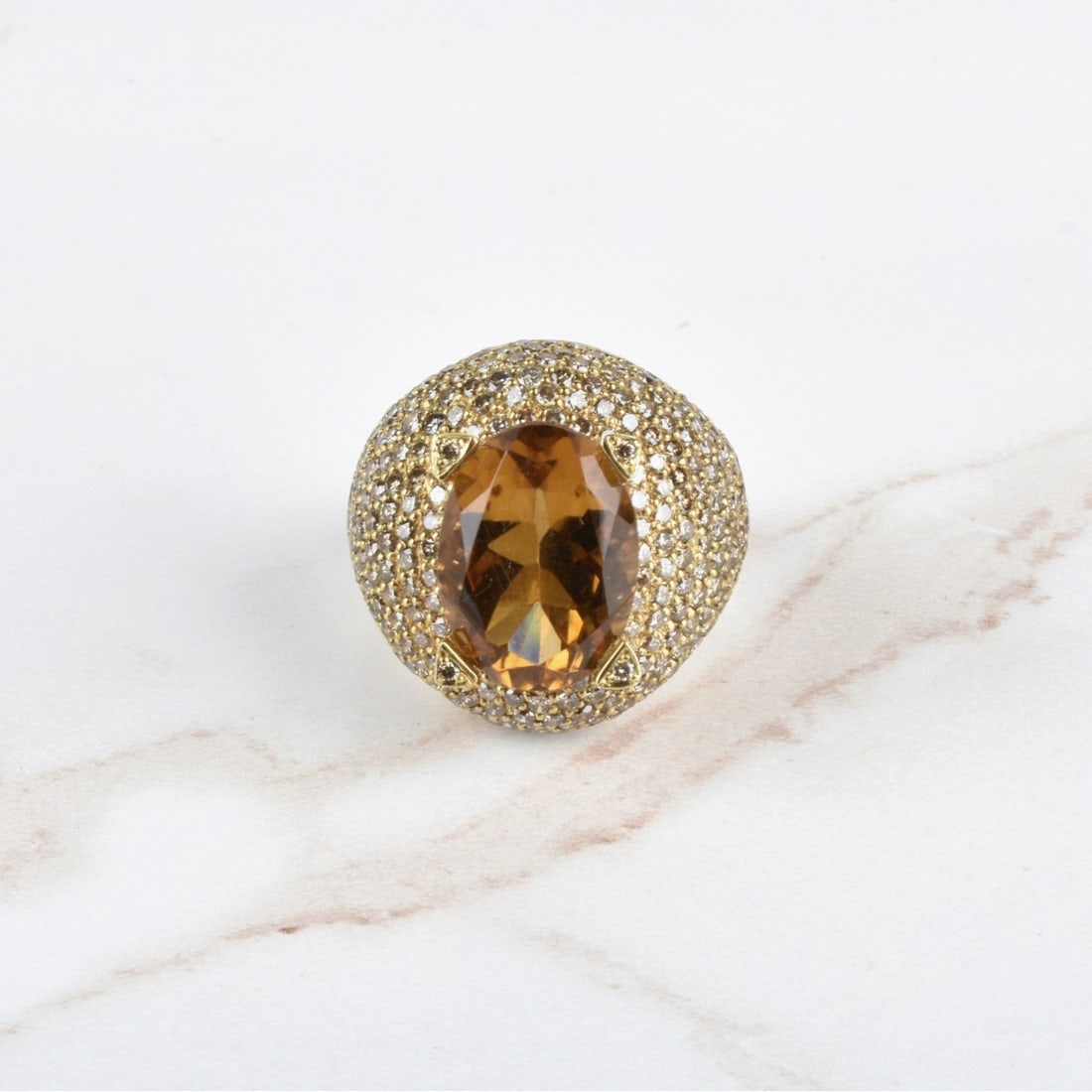 Citrine, Diamond and 18K Ring: Vintage Large Oval Cut Citrine, Approx. 5.0 Carat TW Pave Set Natural Amber Color Diamond and 18 Karat Yellow Gold Dome Cocktail Ring. Citrine with good color and clarity, measures 16.5 x 12.0mm. Diam