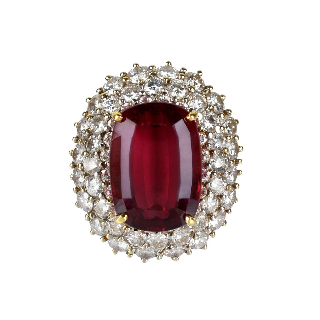 Tourmaline, Diamond and 18K Ring: Vintage Approx. 18.99 Carat Cushion Cut Pink Rubelite Tourmaline, 6.40 Carat TW Sixty Round Brilliant Cut Diamond and 18 Karat Yellow Gold Ring. Tourmaline with vivid color, measures 19 x 13.35mm . Di