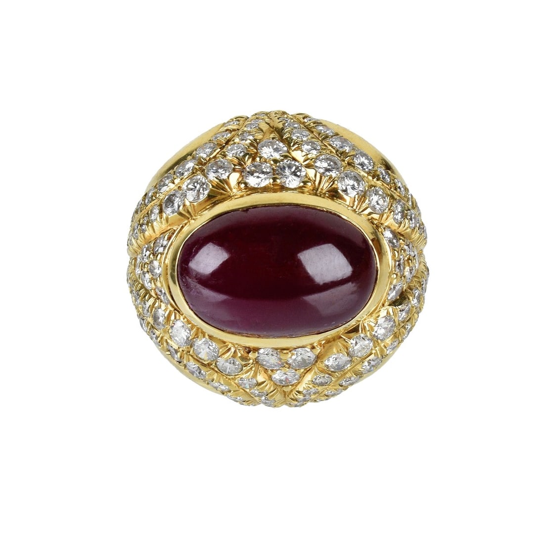 Ruby, Diamond and 18K Ring: Vintage Approx. 8.0 Carat Oval Cabochon Ruby, 2.75 Carat TW Pave Set Round Brilliant Cut Diamond and 18 Karat Yellow Gold Dome Ring. Ruby with vivid color. Diamonds F-G color, VS1-VS2 clarity. Ring si
