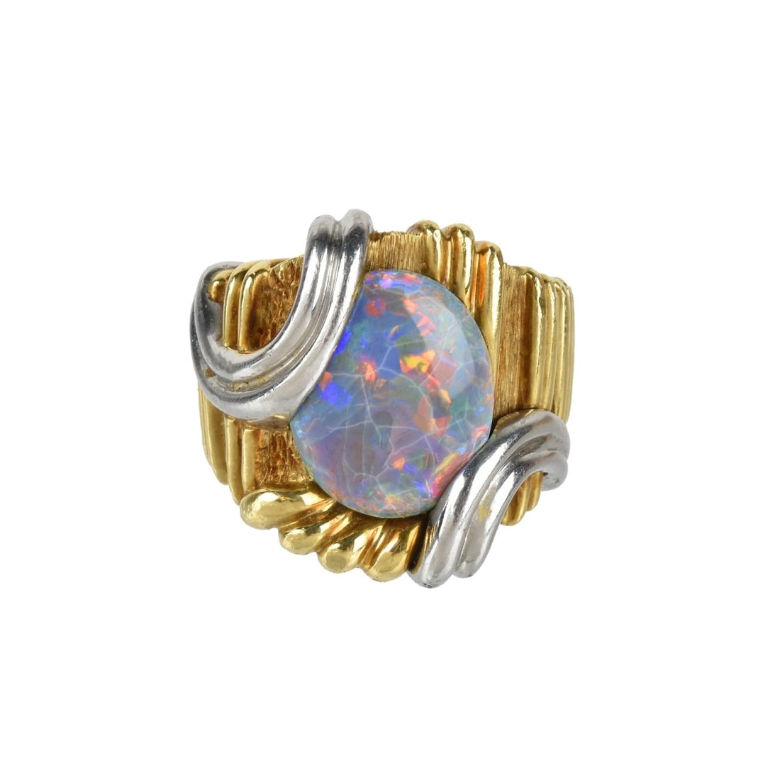 Henry Dunay Black Opal Ring: Man's Vintage Henry Dunay Approx. 16.0 Carat TW Oval Cabochon Black Opal, Platinum and 18 Karat Yellow Gold Ring from the Cynnabar Collection. Opal with very good play of multi colors, measures 16.6