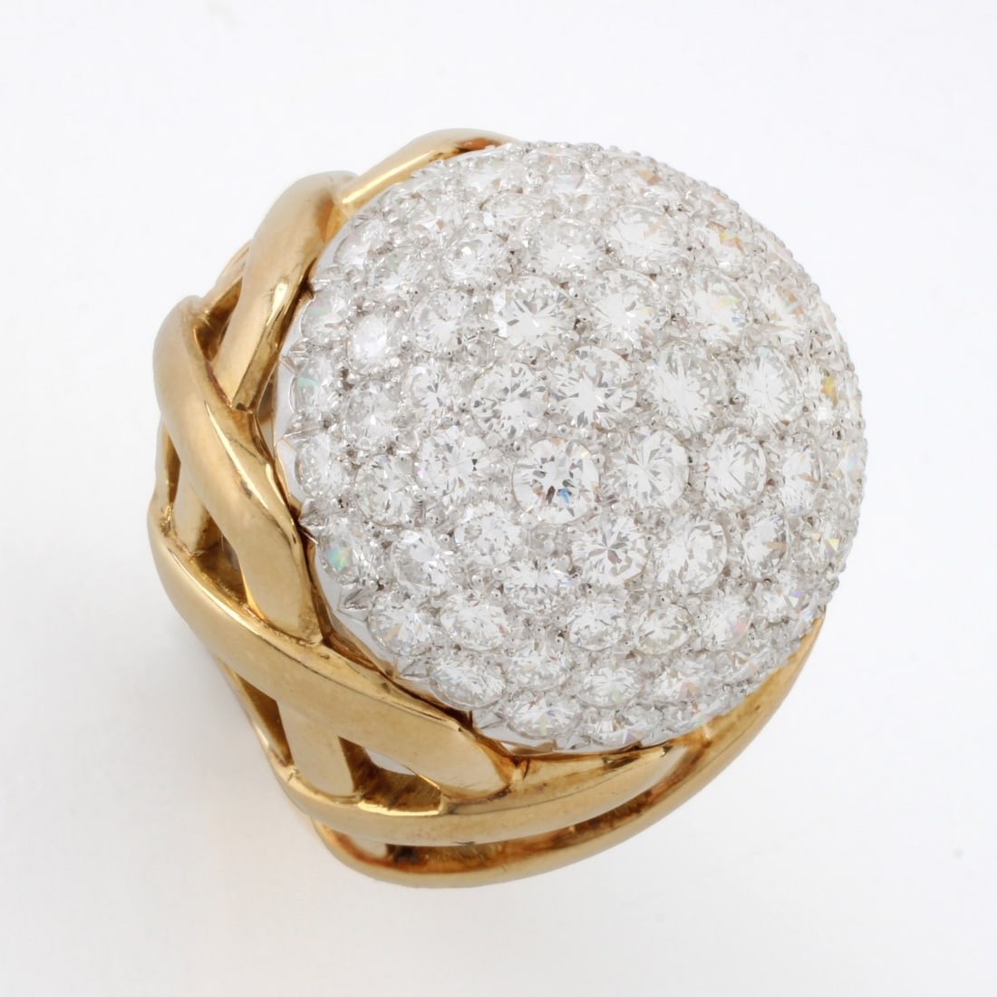 Diamond, Platinum and 18K Ring: Large Vintage Approx. 9.50 Carat TW Pave SEt Round Brilliant Cut Diamond, Platinum and 18 Karat Yellow Gold Dome Ring. Diamonds E-F color, VS1 clarity. Ring size 6. Approx. weight: 34.94 grams. Kodner