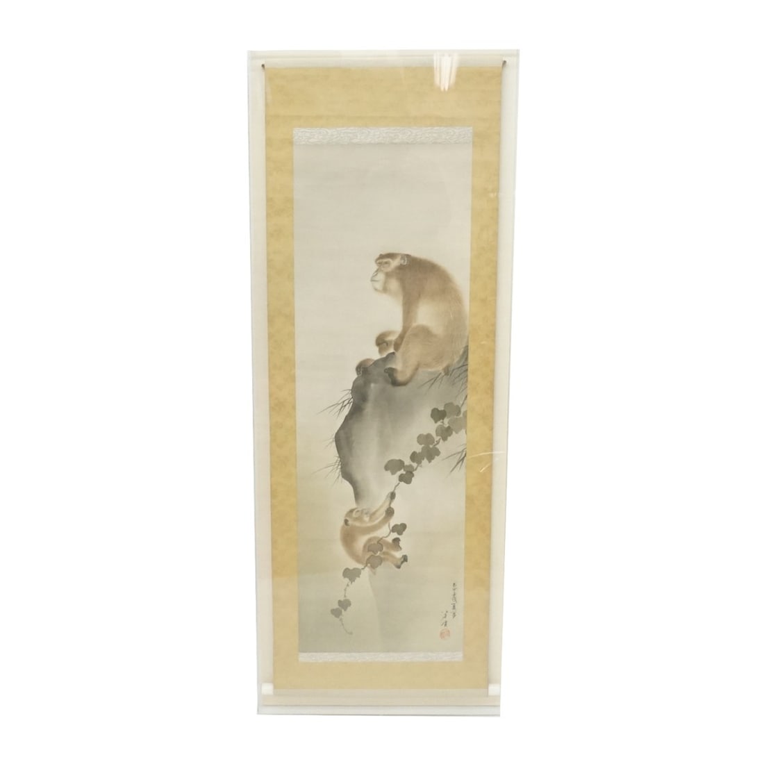C 1800 Chinese Scroll: Circa 1800s Chinese Ink and Watercolor on Silk Scroll Painting of Monkeys Presented in Acrylic Shadowbox Frame. Seal stamped and calligraphy lower right. Sight measures 45" x 14". Frame measures