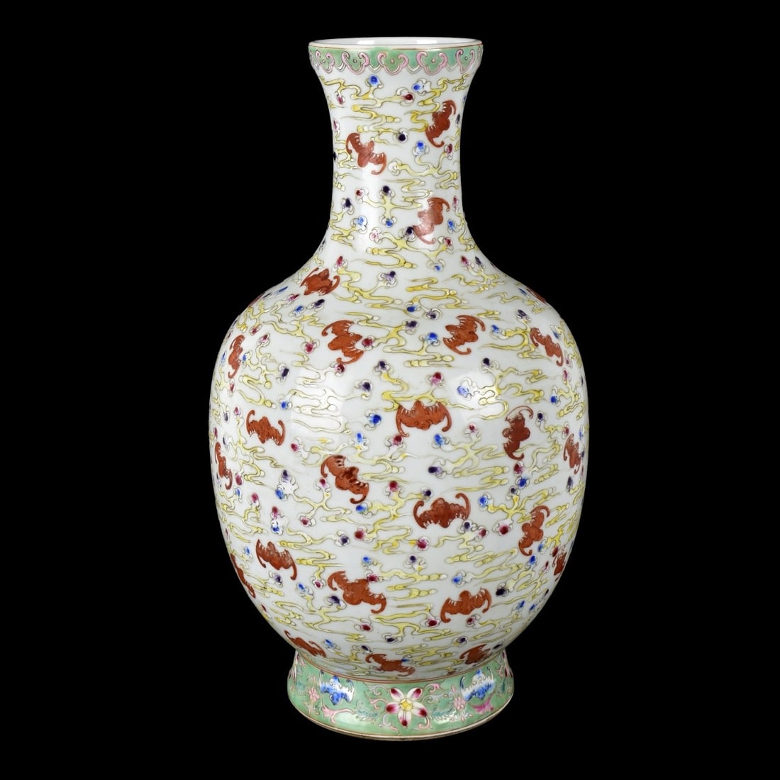 Large Chinese Porcelain Vase: Large Chinese Famille Rose Fu Bats Porcelain Vase. Signed. Measures 13" x 7-1/4". Kodner Galleries offers phone and absentee bidding at a low, flat 21% buyer?s premium without surcharge or hidden